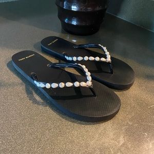 Women's Tory Burch Faux Pearl Gold Logo Embellished Flat Flip Flops Sandals